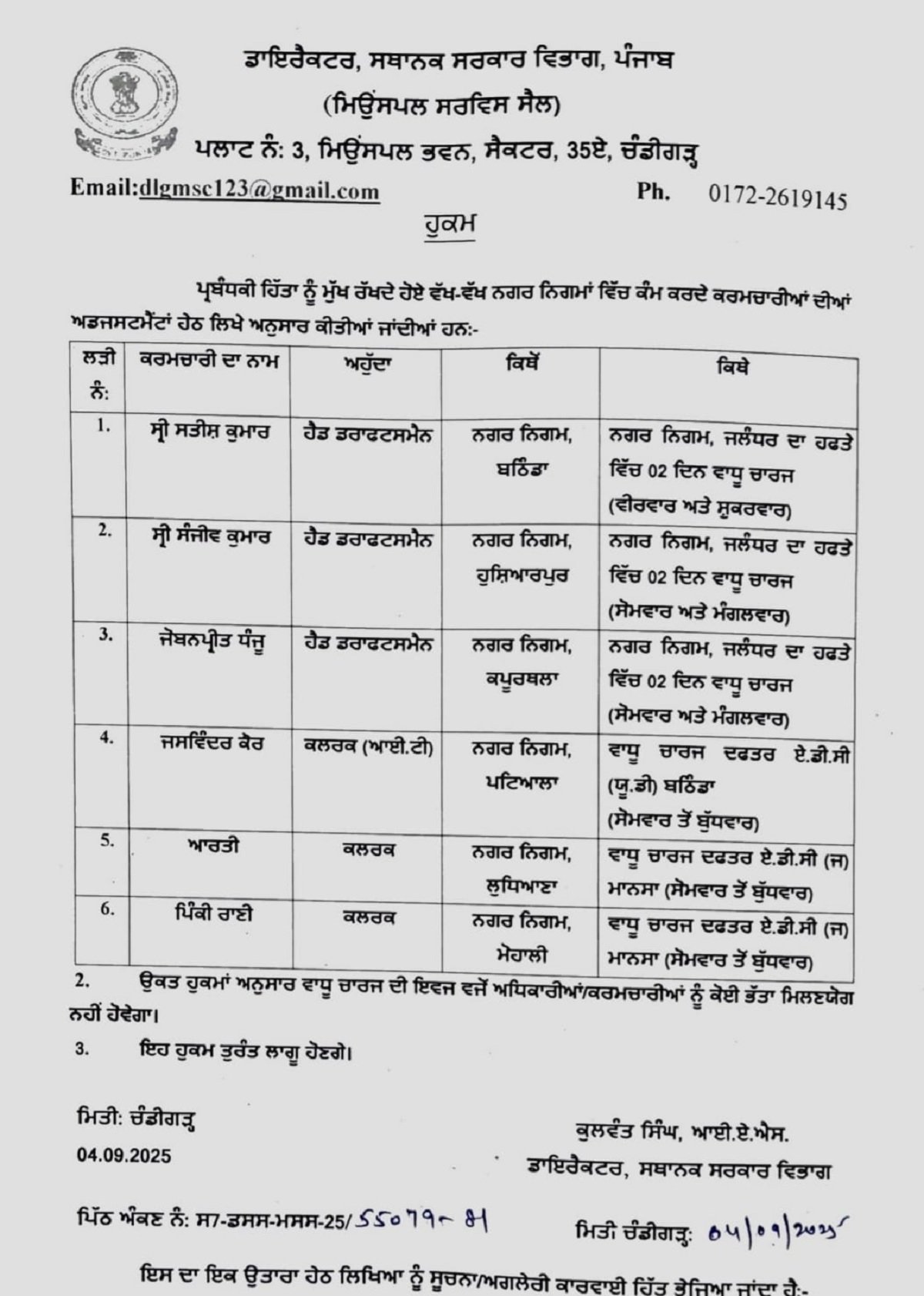 ट्रांसफरः जालंधर नगर निगम को मिले 3 नए अफसर