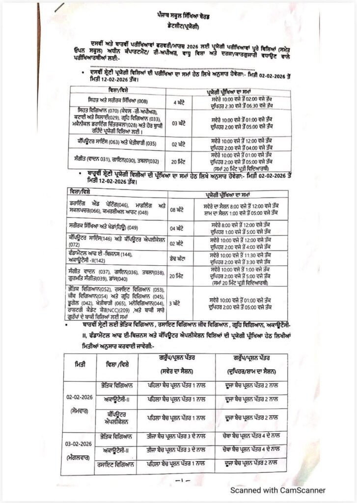 PSEB ने जारी की प्रैक्टिकल एग्जाम की डेटशीट