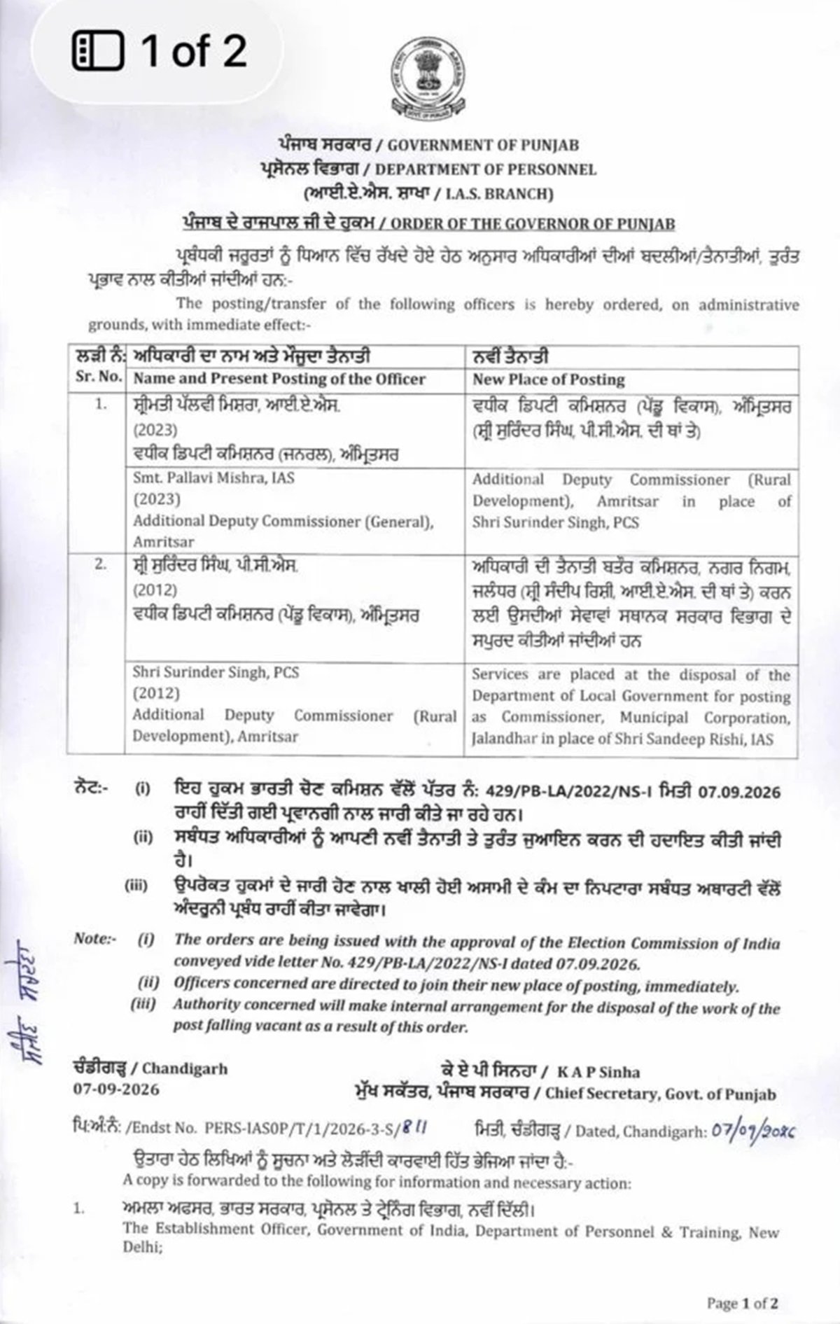 Surinder Singh होंगे जालंधर नगर निगम के नए कमिश्नर, संदीप ऋषि का तबादला
